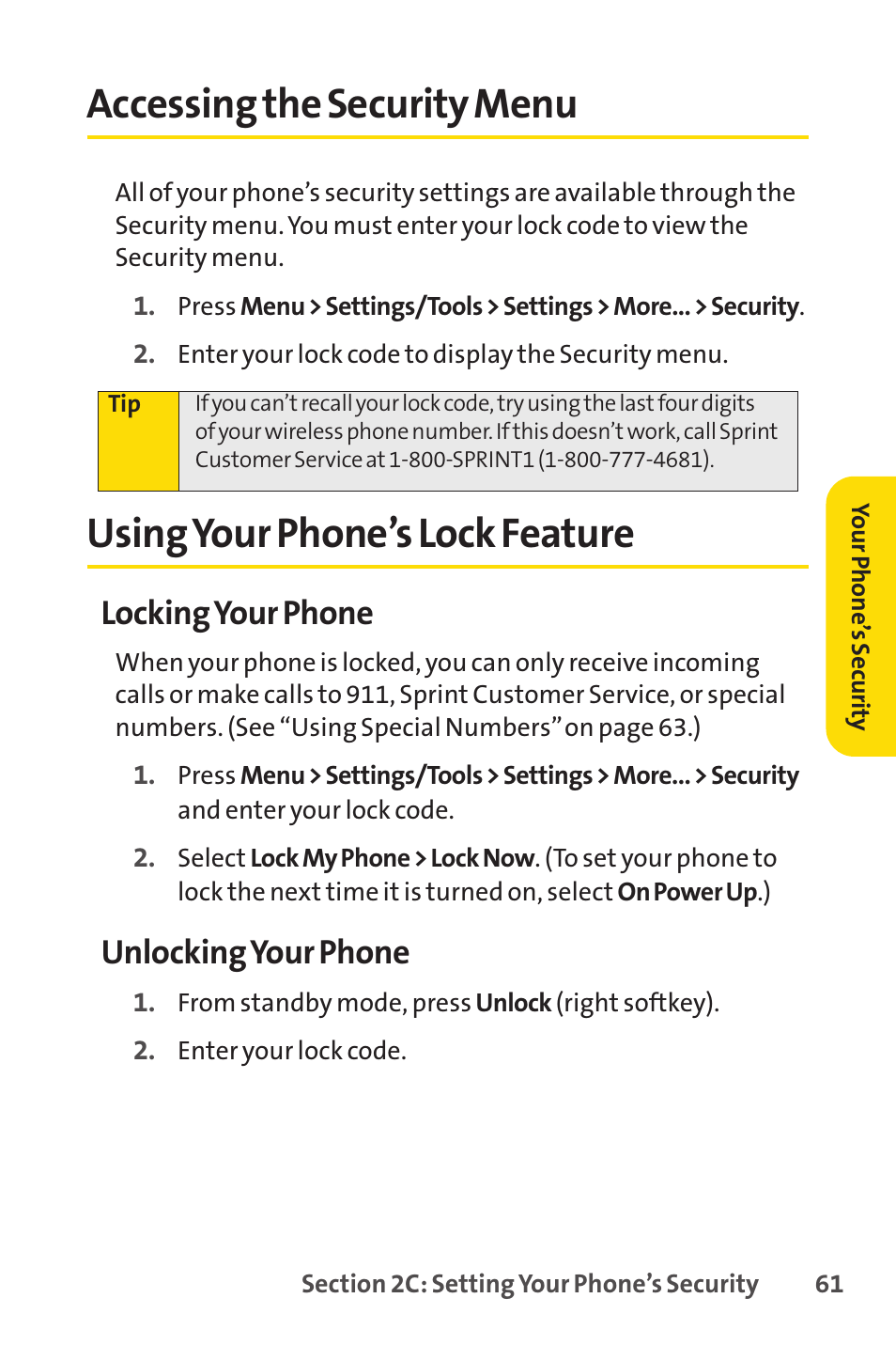 Accessing the security menu, Using your phone’s lock feature, Locking your phone | Unlocking your phone | Sprint Nextel H 11/07 User Manual | Page 78 / 219