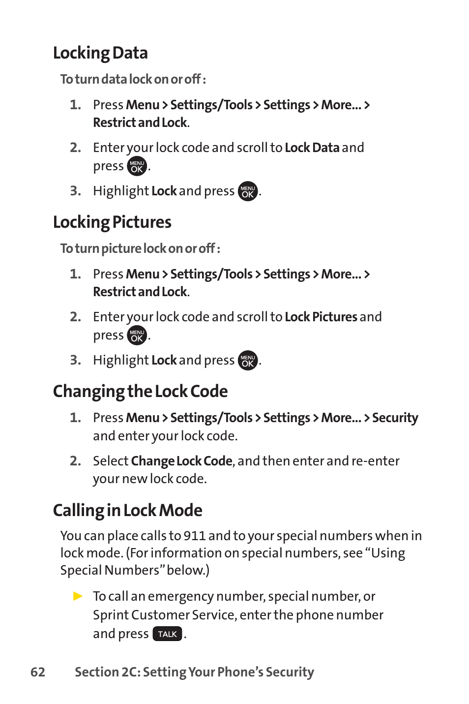 Locking data, Locking pictures, Changing the lock code | Calling in lock mode | Sprint Nextel H 11/07 User Manual | Page 79 / 219