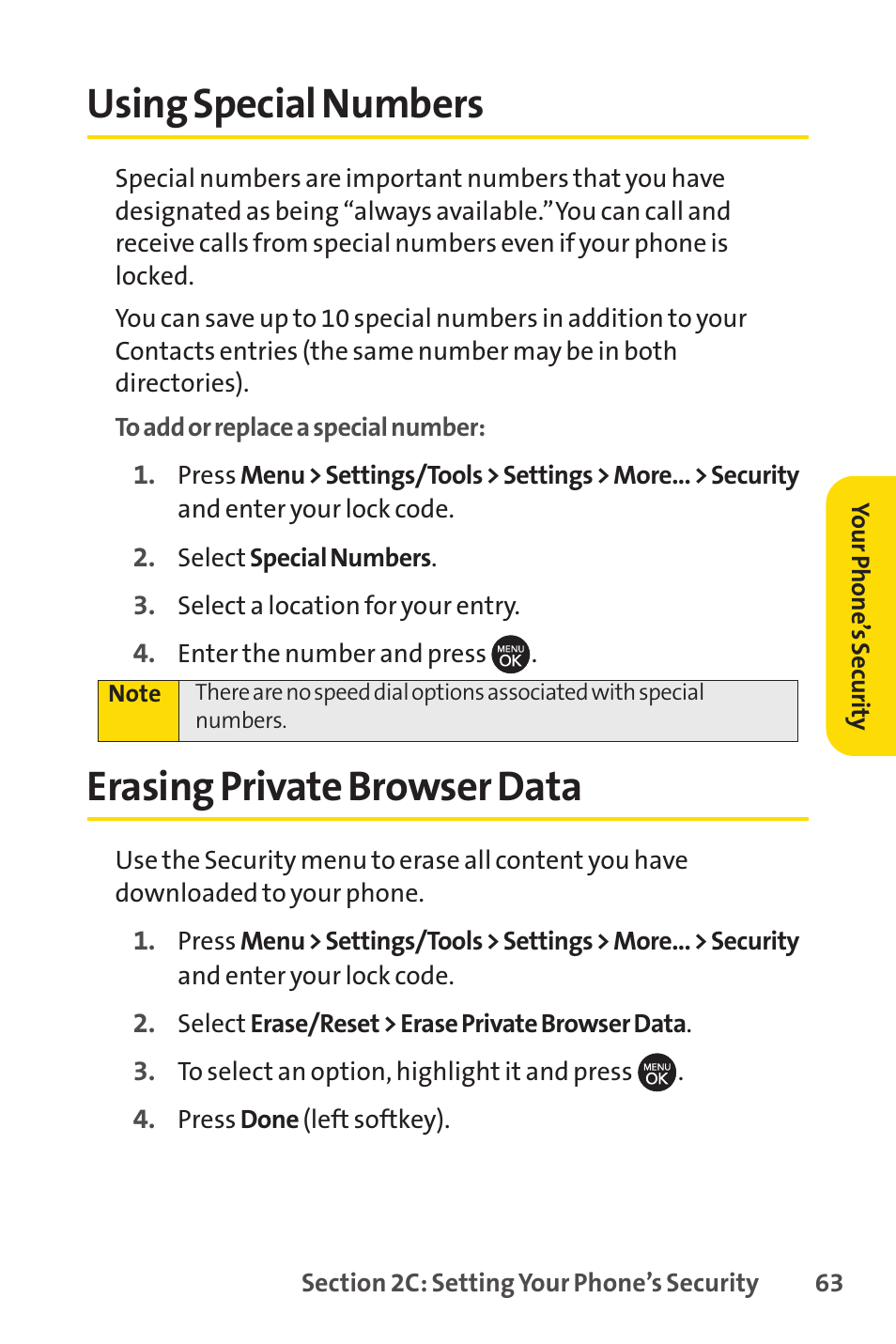 Using special numbers, Erasing private browser data, Using special numbers erasing private browser data | Sprint Nextel H 11/07 User Manual | Page 80 / 219