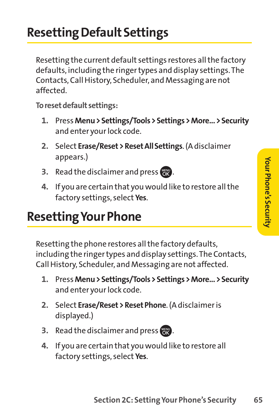 Resetting default settings, Resetting your phone, Resetting default settings resetting your phone | Sprint Nextel H 11/07 User Manual | Page 82 / 219