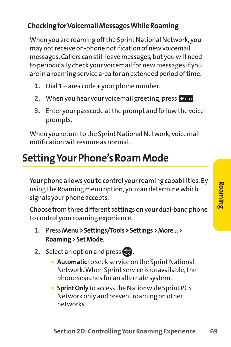 Setting your phone’s roam mode | Sprint Nextel H 11/07 User Manual | Page 86 / 219