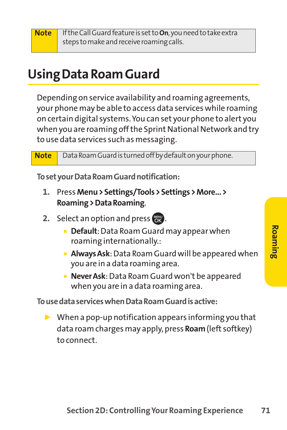 Using data roam guard | Sprint Nextel H 11/07 User Manual | Page 88 / 219