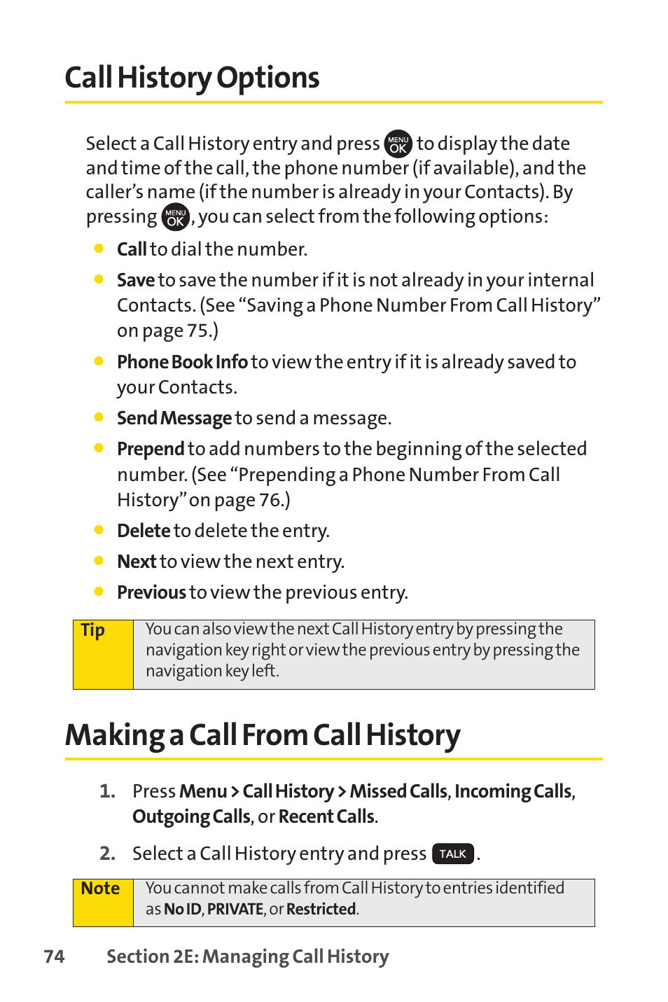 Call history options, Making a call from call history | Sprint Nextel H 11/07 User Manual | Page 91 / 219