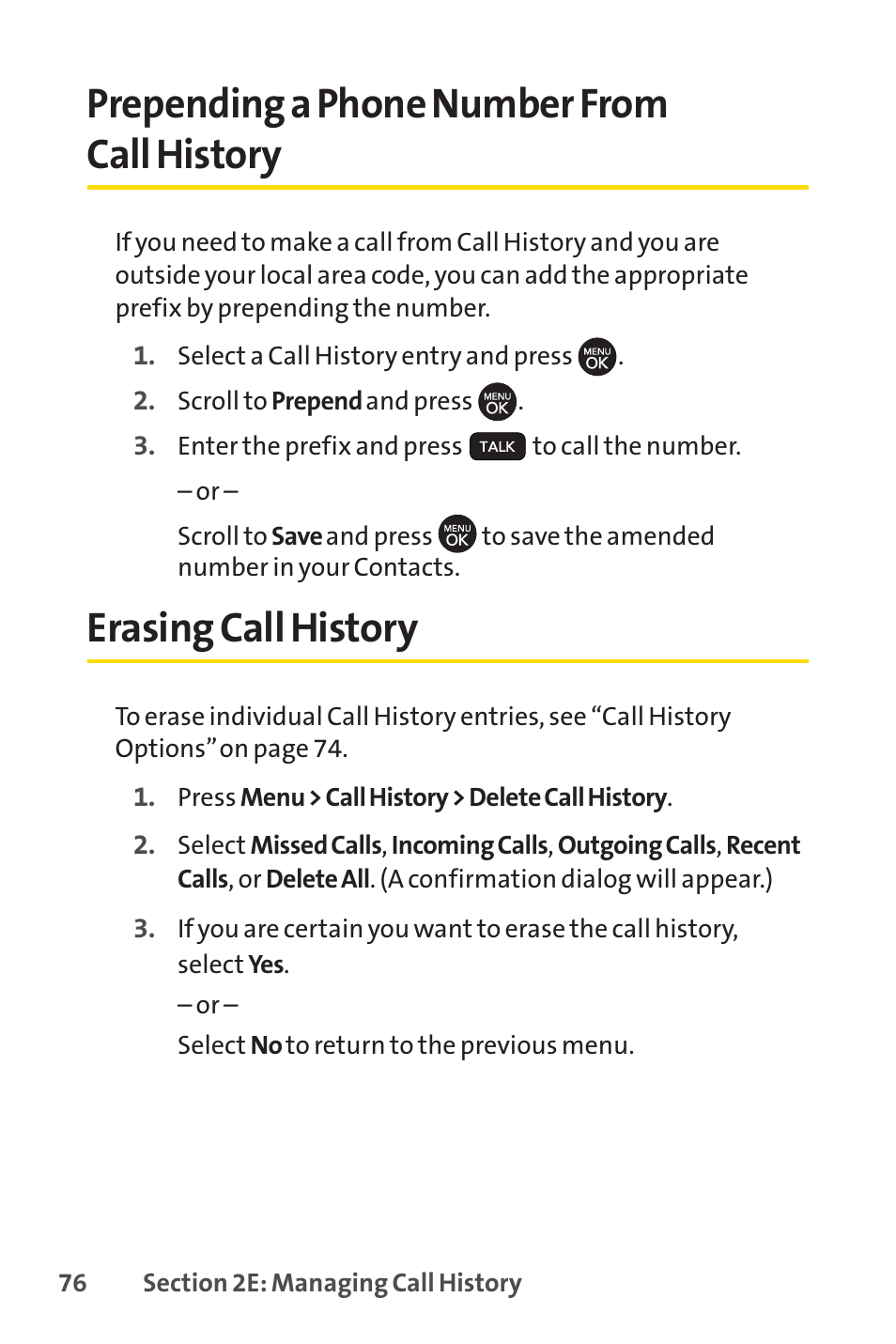 Prepending a phone number fr, Erasing call history, Prepending a phone number from call history | Sprint Nextel H 11/07 User Manual | Page 93 / 219