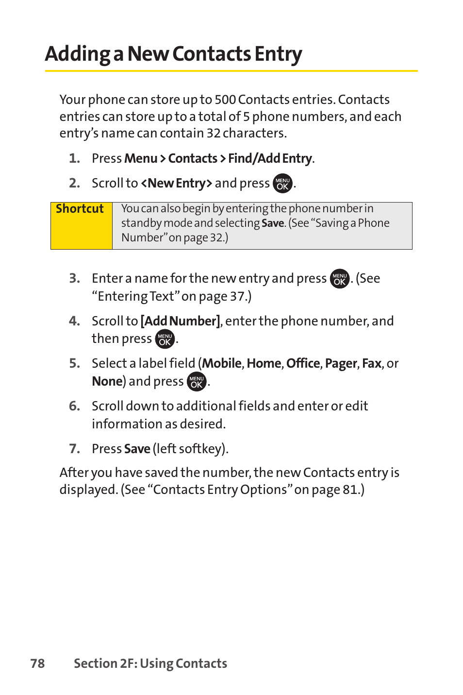 Adding a new contacts entry | Sprint Nextel H 11/07 User Manual | Page 95 / 219