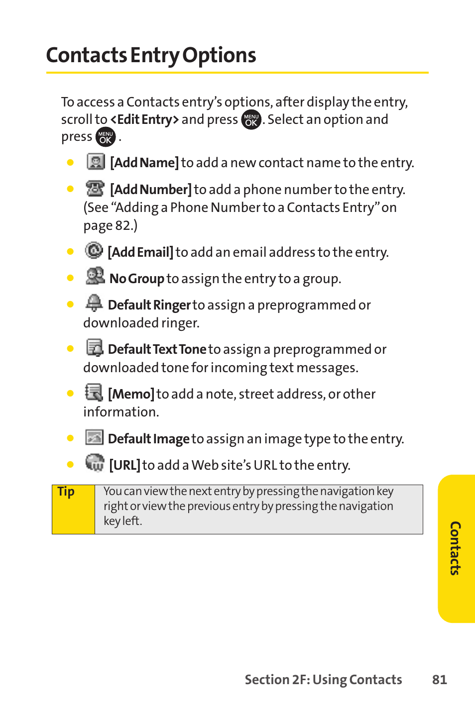 Contacts entry options, Co n ta ct s | Sprint Nextel H 11/07 User Manual | Page 98 / 219