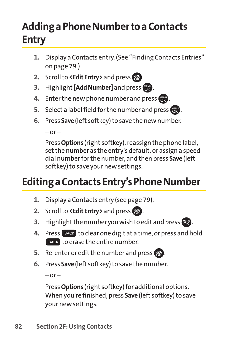 Adding a phone number to a c, Editing a contacts entry’s p, Adding a phone number to a contacts entry | Editing a contacts entry’s phone number | Sprint Nextel H 11/07 User Manual | Page 99 / 219