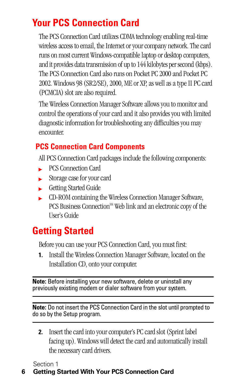 Your pcs connection card, Pcs connection card components, Getting started | Pcs connection card, Storage case for your card, Getting started guide | Sprint Nextel C201 User Manual | Page 10 / 92
