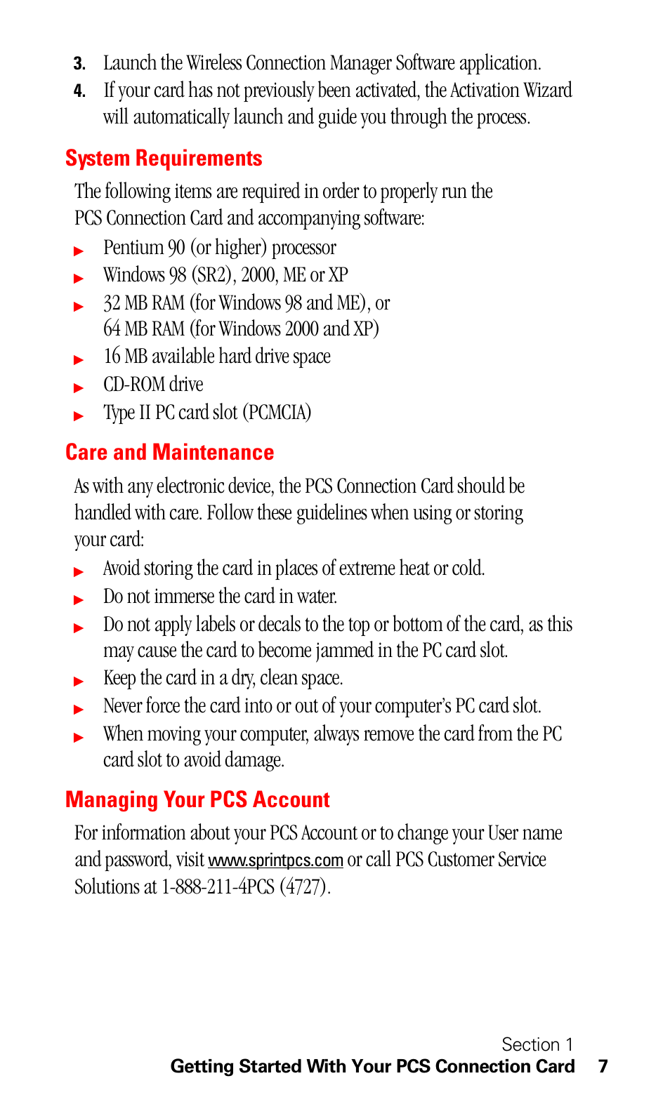 System requirements, Care and maintenance, Managing your pcs account | Pentium 90 (or higher) processor, 16 mb available hard drive space, Cd-rom drive, Do not immerse the card in water, Keep the card in a dry, clean space | Sprint Nextel C201 User Manual | Page 11 / 92