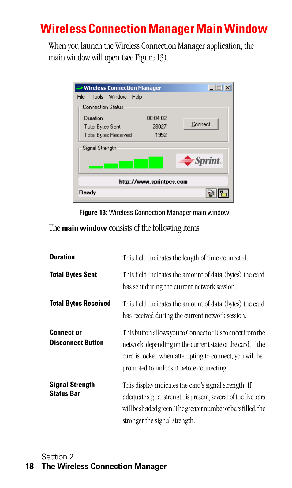 Wireless connection manager main window, Consists of the following items | Sprint Nextel C201 User Manual | Page 22 / 92