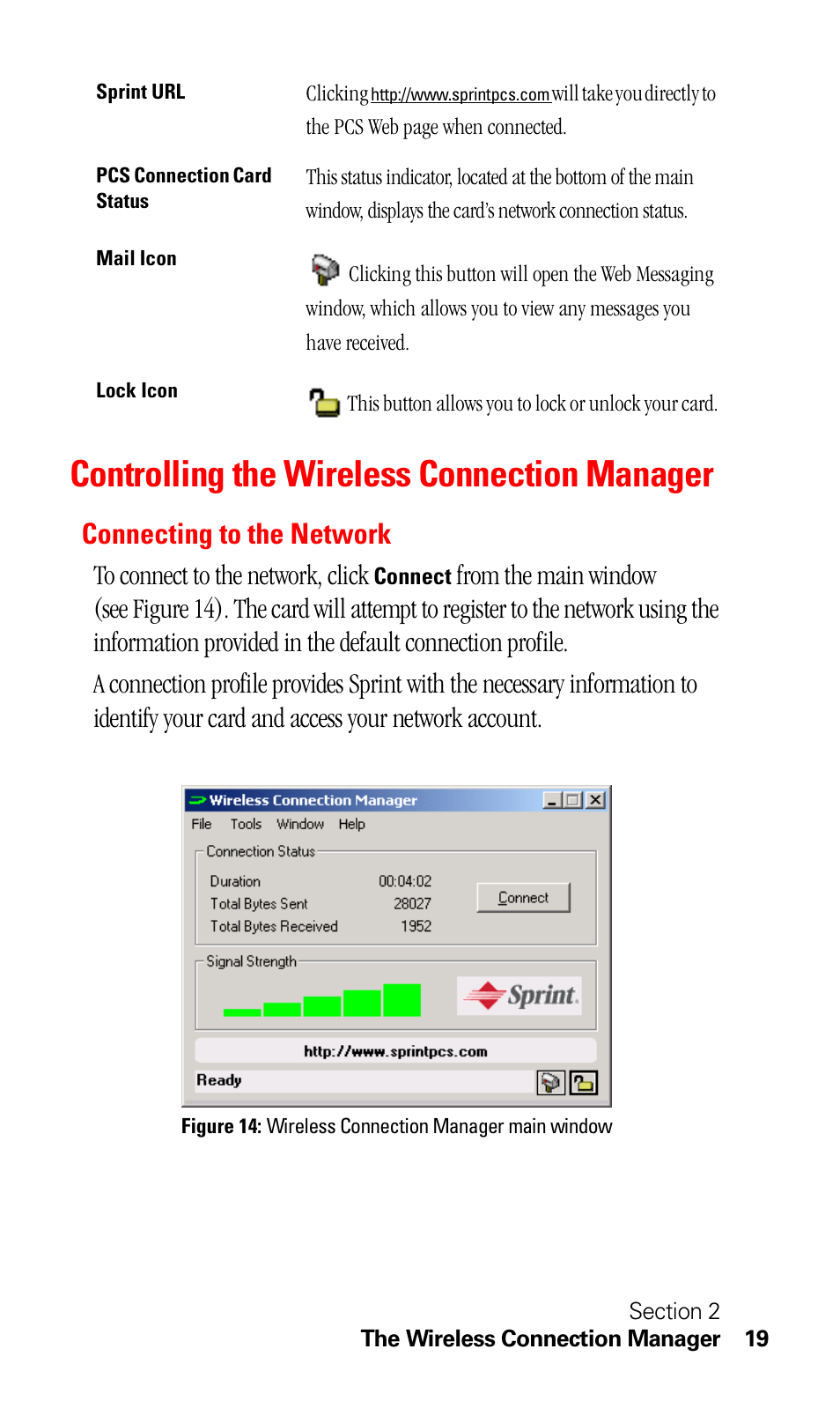 Controlling the wireless connection manager, Connecting to the network | Sprint Nextel C201 User Manual | Page 23 / 92