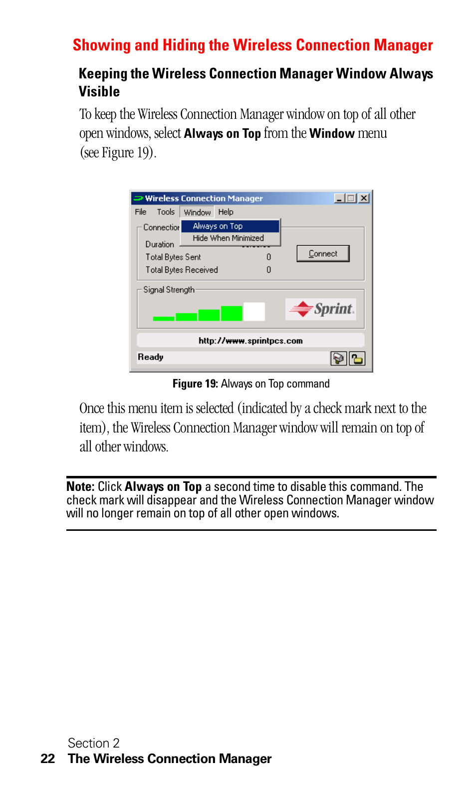 Showing and hiding the wireless connection manager | Sprint Nextel C201 User Manual | Page 26 / 92