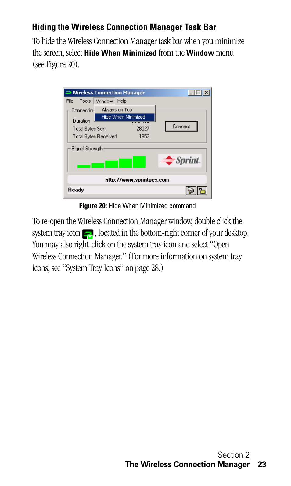 Hiding the wireless connection manager task bar | Sprint Nextel C201 User Manual | Page 27 / 92