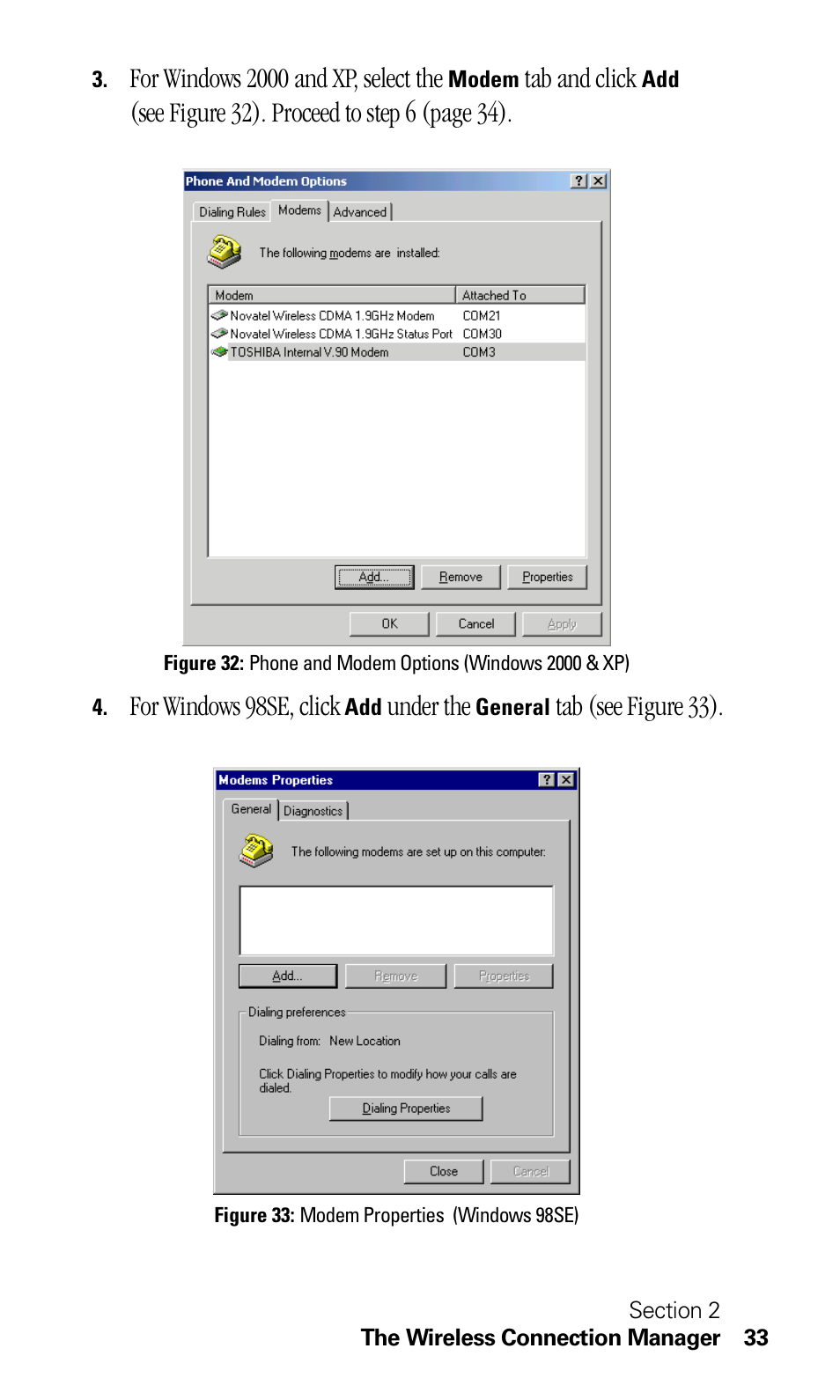 For windows 2000 and xp, select the, Tab and click, For windows 98se, click | Under the, Tab (s ee figure 33) | Sprint Nextel C201 User Manual | Page 37 / 92