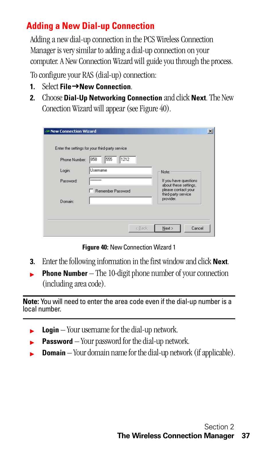 Adding a new dial-up connection, Select, Choose | And click, Your username for the dial-up network, Your password for the dial-up network | Sprint Nextel C201 User Manual | Page 41 / 92