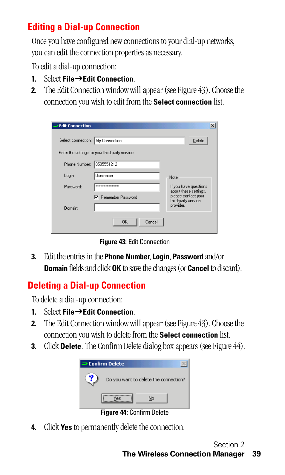 Editing a dial-up connection, Deleting a dial-up connection | Sprint Nextel C201 User Manual | Page 43 / 92