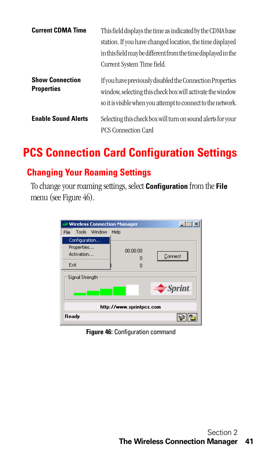 Pcs connection card configuration settings, Changing your roaming settings, Menu (see figure 46) | Sprint Nextel C201 User Manual | Page 45 / 92