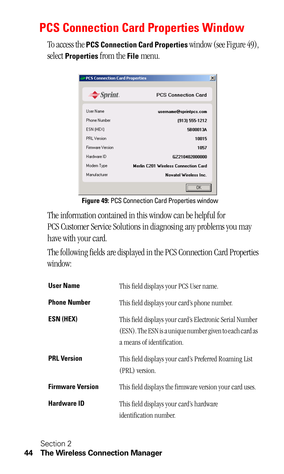 Pcs connection card properties window, Window (s ee figure 49), select, Menu | Sprint Nextel C201 User Manual | Page 48 / 92