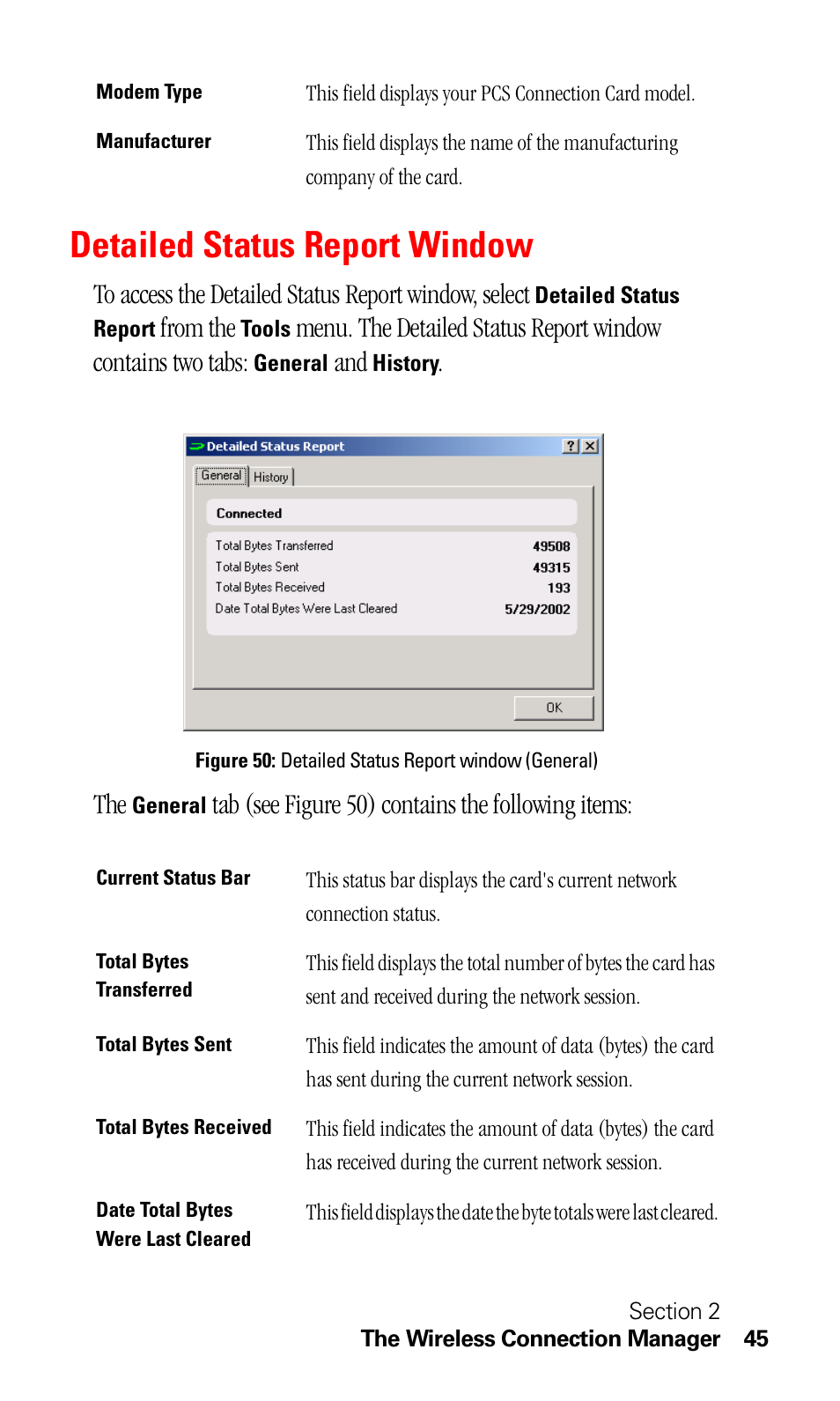 Detailed status report window, Tab (s ee figure 50) contai ns the following items | Sprint Nextel C201 User Manual | Page 49 / 92