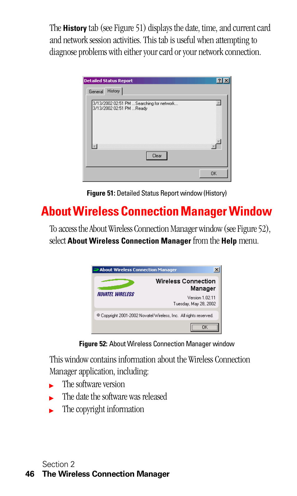 About wireless connection manager window, Menu, The software version | The date the software was released, The copyright information | Sprint Nextel C201 User Manual | Page 50 / 92