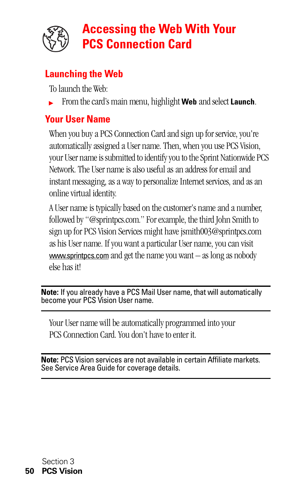 Accessing the web with your pcs connection card, Launching the web, Your user name | Launching the web your user name | Sprint Nextel C201 User Manual | Page 54 / 92