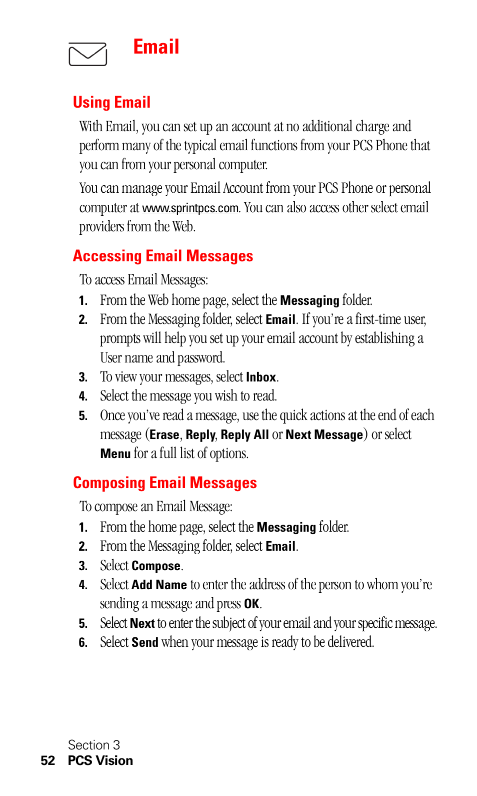 Email, Using email, Accessing email messages | Composing email messages | Sprint Nextel C201 User Manual | Page 56 / 92