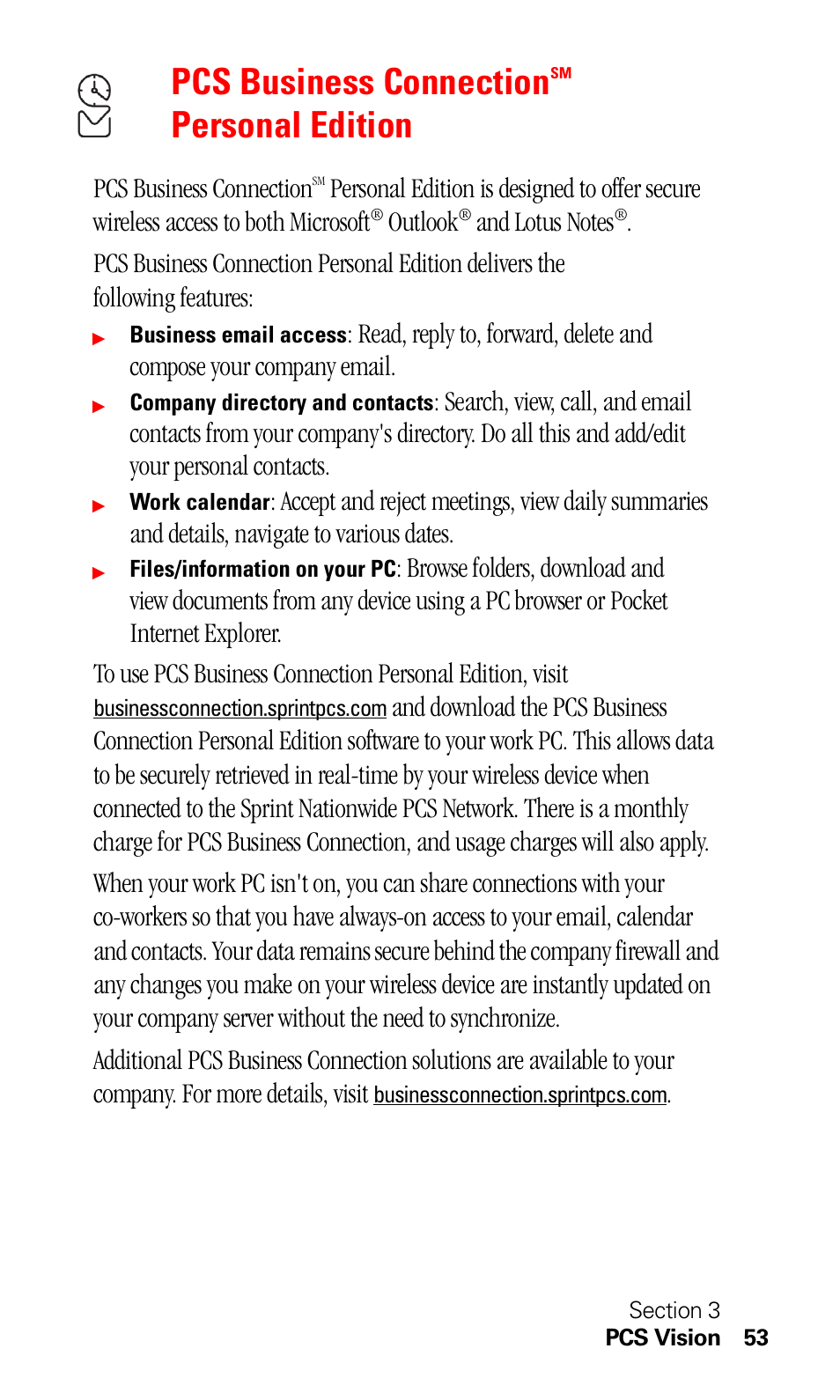 Pcs business connectionsm personal edition, Pcs business connection, Personal edition | Outlook | Sprint Nextel C201 User Manual | Page 57 / 92