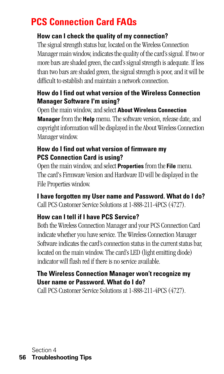 Pcs connection card faqs, How can i check the quality of my connection, How can i tell if i have pcs service | Sprint Nextel C201 User Manual | Page 60 / 92