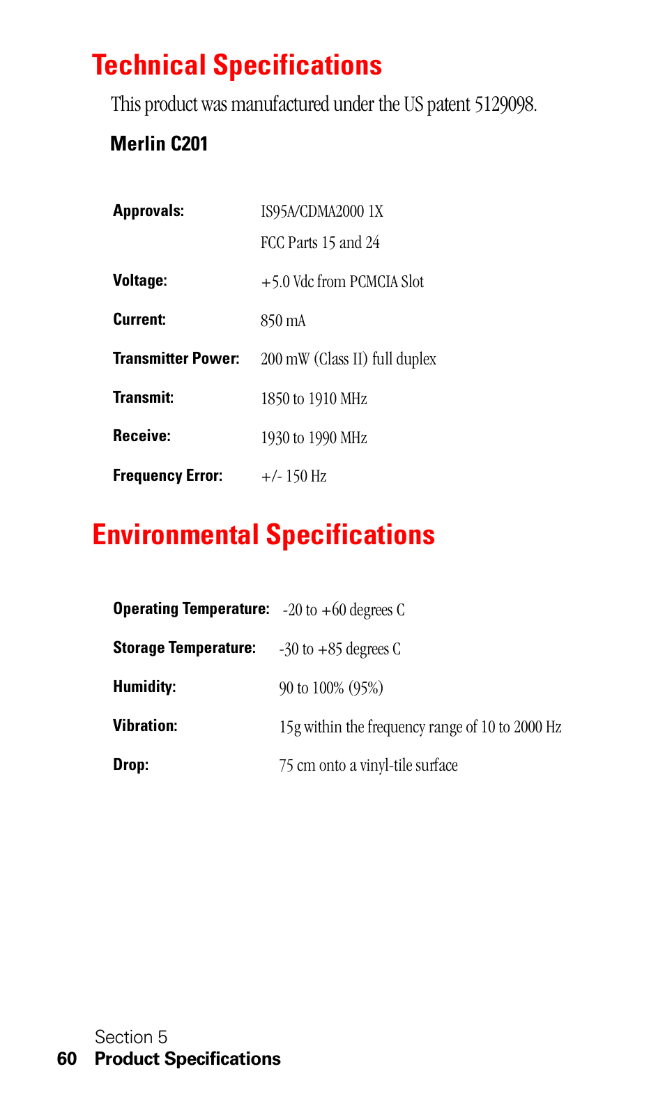 Technical specifications, Merlin c201, Environmental specifications | Sprint Nextel C201 User Manual | Page 64 / 92