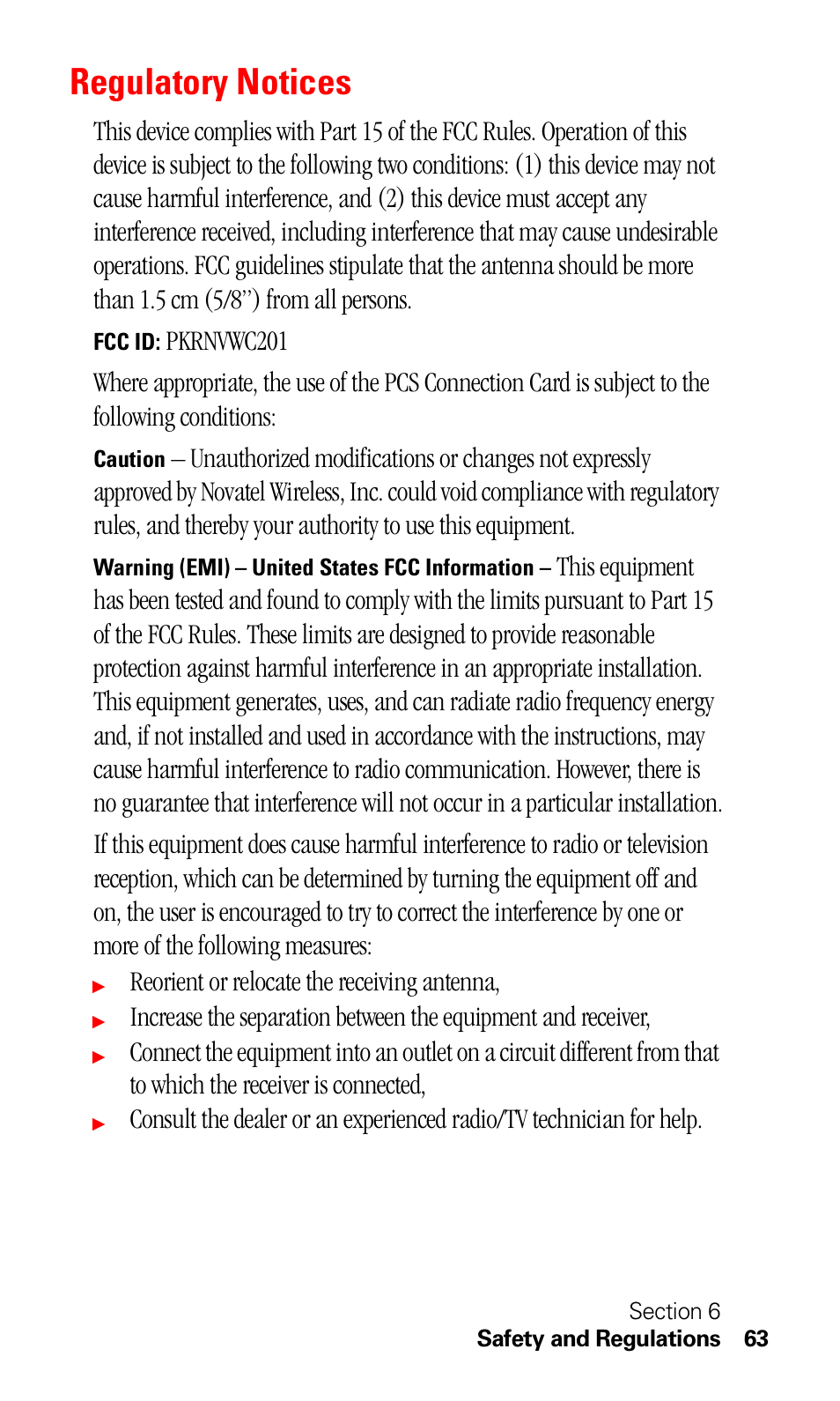 Regulatory notices, Reorient or relocate the receiving antenna | Sprint Nextel C201 User Manual | Page 67 / 92