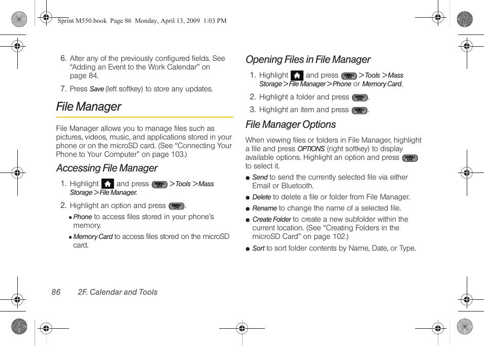 File manager, Accessing file manager, Opening files in file manager | File manager options | Samsung SPH-M550ZKASPR User Manual | Page 100 / 224