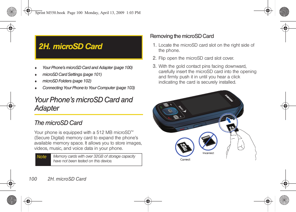 2h. microsd card, Your phone’s microsd card and adapter, The microsd card | Samsung SPH-M550ZKASPR User Manual | Page 114 / 224