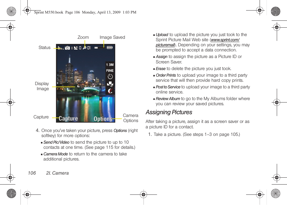 Assigning pictures, Capture, Capture options options | Samsung SPH-M550ZKASPR User Manual | Page 120 / 224