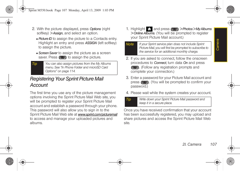 Registering your sprint picture mail account | Samsung SPH-M550ZKASPR User Manual | Page 121 / 224