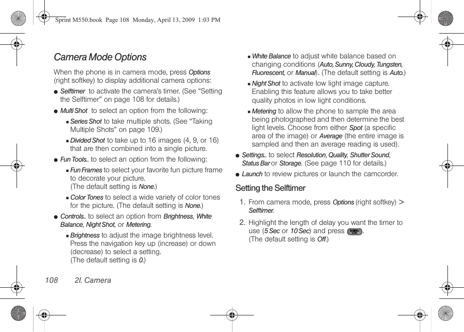 Camera mode options | Samsung SPH-M550ZKASPR User Manual | Page 122 / 224