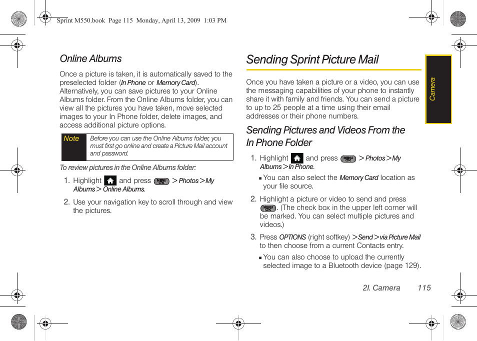 Online albums, Sending sprint picture mail, Ion, see | See “sending, Sending pictures and videos from the | Samsung SPH-M550ZKASPR User Manual | Page 129 / 224