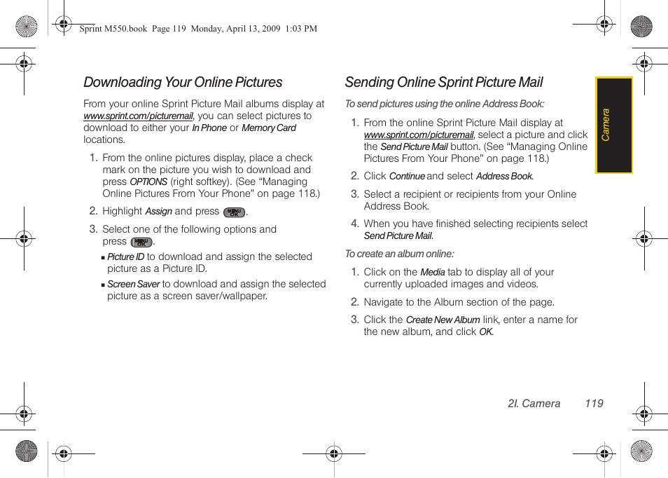 Downloading your online pictures, Sending online sprint picture mail | Samsung SPH-M550ZKASPR User Manual | Page 133 / 224