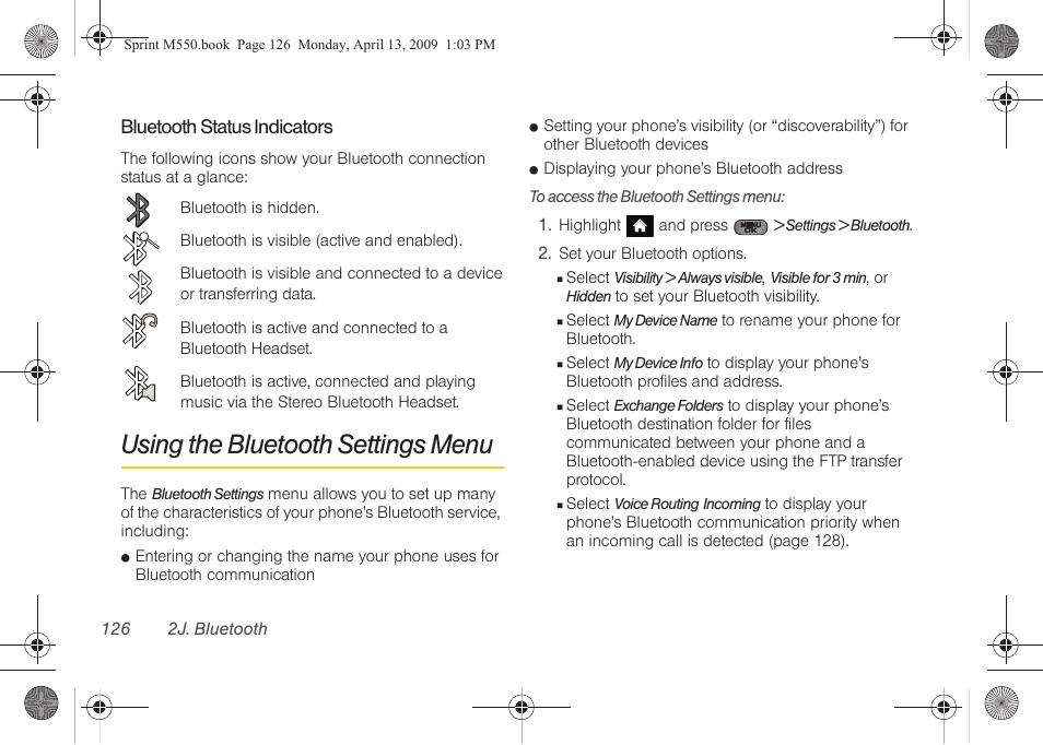 Using the bluetooth settings menu | Samsung SPH-M550ZKASPR User Manual | Page 140 / 224