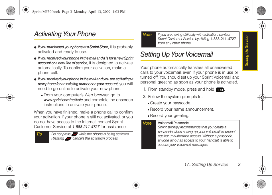 Activating your phone, Setting up your voicemail | Samsung SPH-M550ZKASPR User Manual | Page 17 / 224