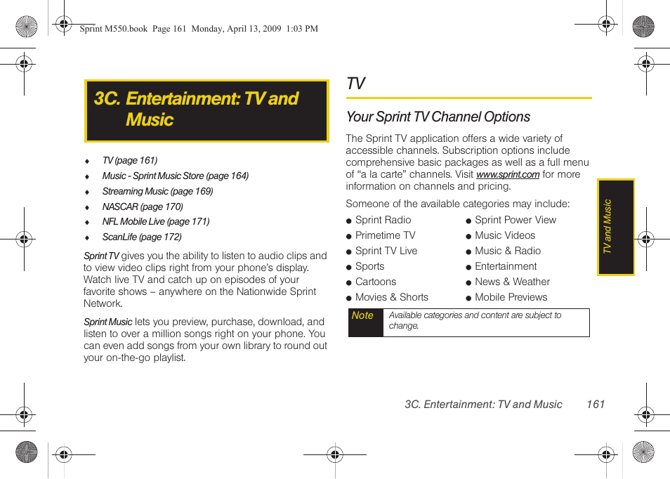 3c. entertainment: tv and music, Your sprint tv channel options | Samsung SPH-M550ZKASPR User Manual | Page 175 / 224