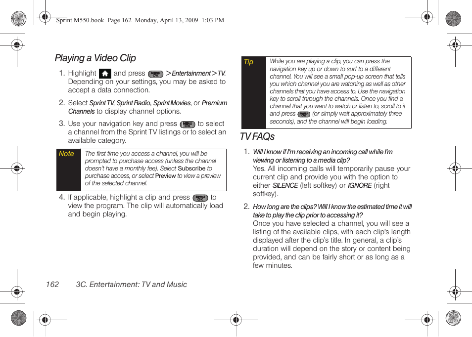 Playing a video clip, Tv faqs | Samsung SPH-M550ZKASPR User Manual | Page 176 / 224