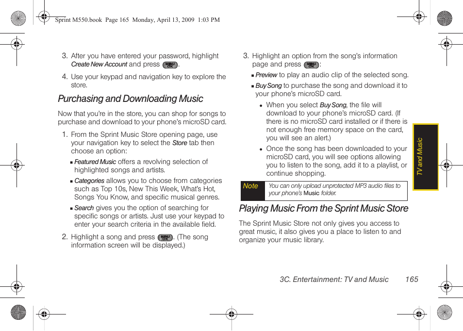 Purchasing and downloading music, Playing music from the sprint music store | Samsung SPH-M550ZKASPR User Manual | Page 179 / 224