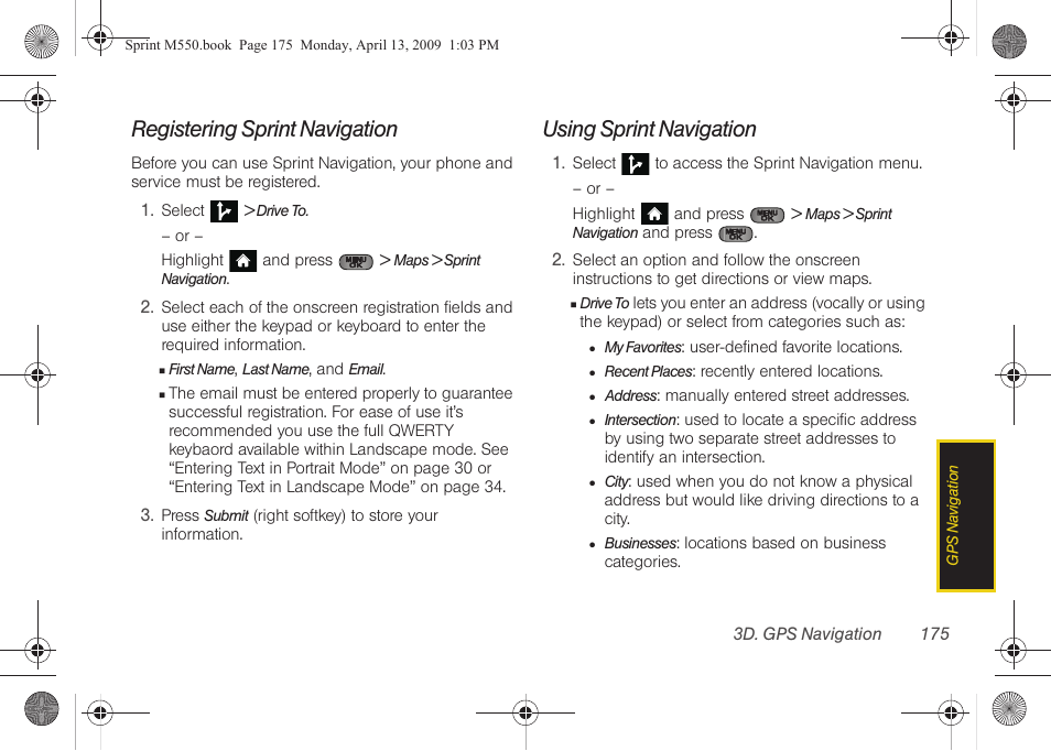 Registering sprint navigation, Using sprint navigation | Samsung SPH-M550ZKASPR User Manual | Page 189 / 224