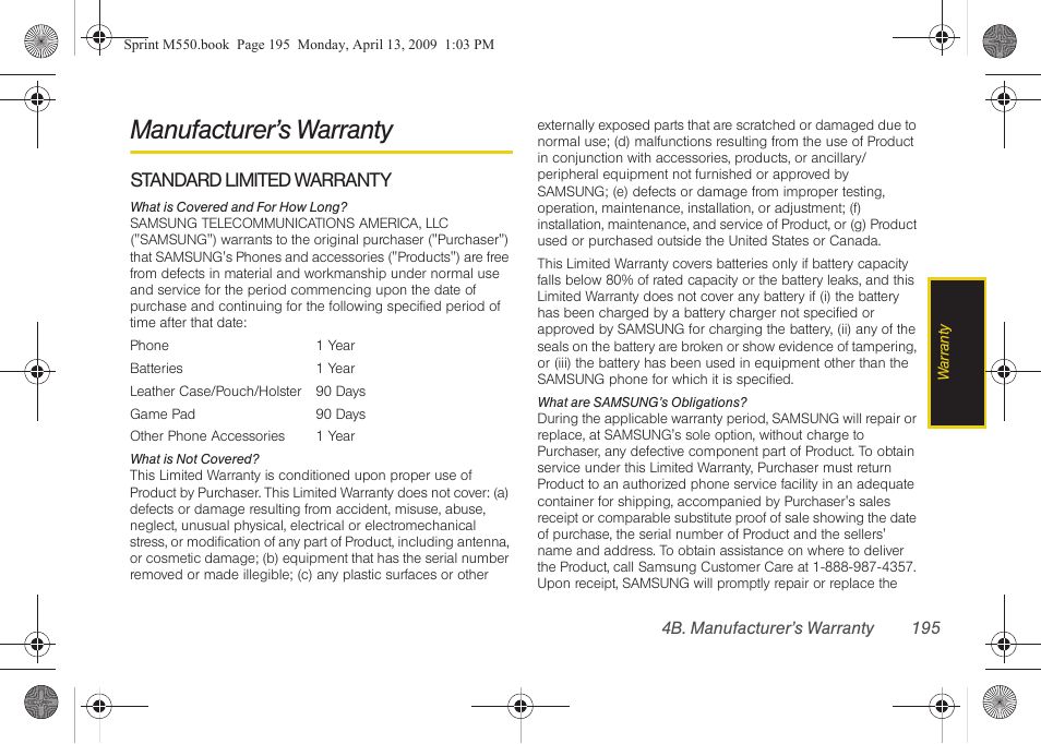 Manufacturer’s warranty | Samsung SPH-M550ZKASPR User Manual | Page 209 / 224