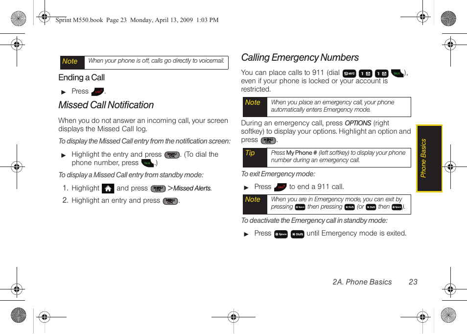 Missed call notification, Calling emergency numbers | Samsung SPH-M550ZKASPR User Manual | Page 37 / 224