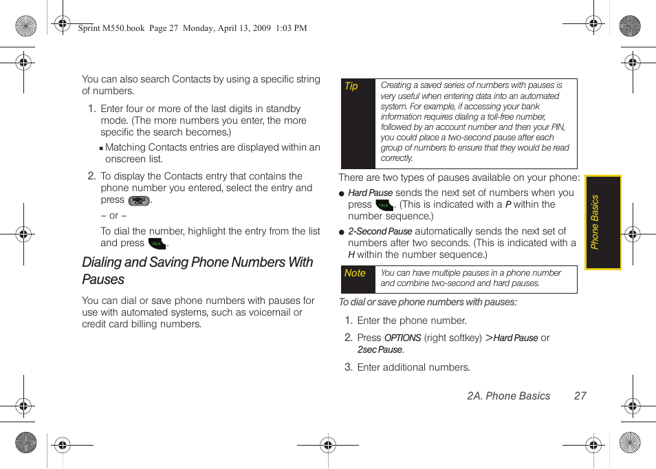 Dialing and saving phone numbers with pauses, See “dialing and saving | Samsung SPH-M550ZKASPR User Manual | Page 41 / 224