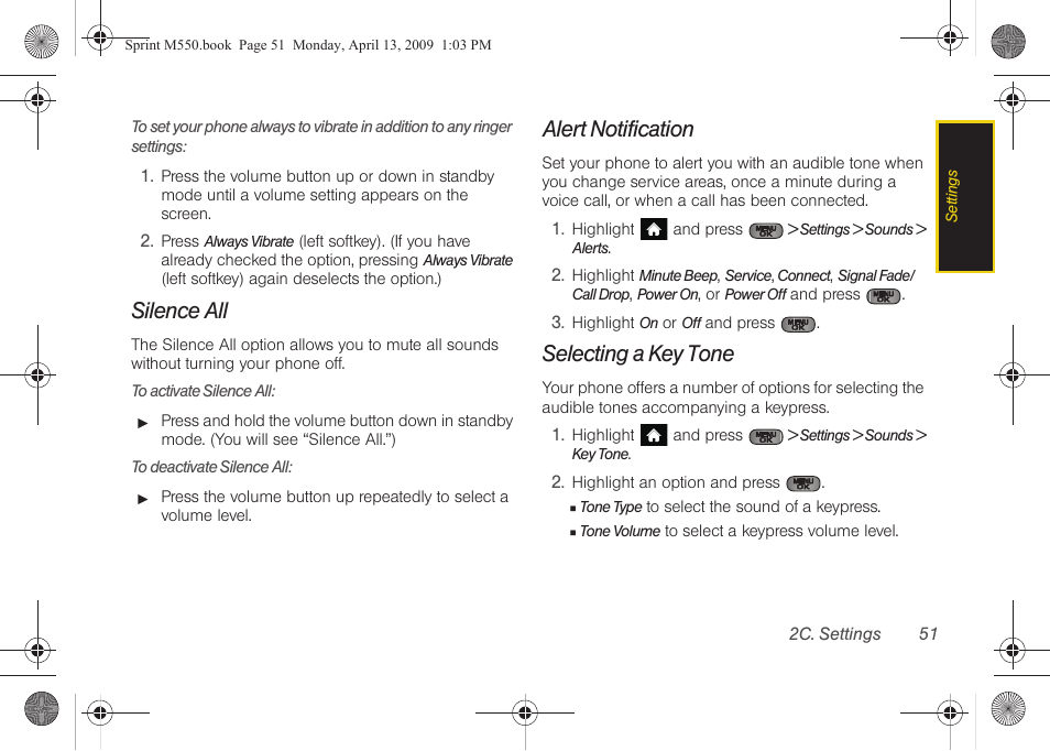 Silence all, Alert notification, Selecting a key tone | Samsung SPH-M550ZKASPR User Manual | Page 65 / 224