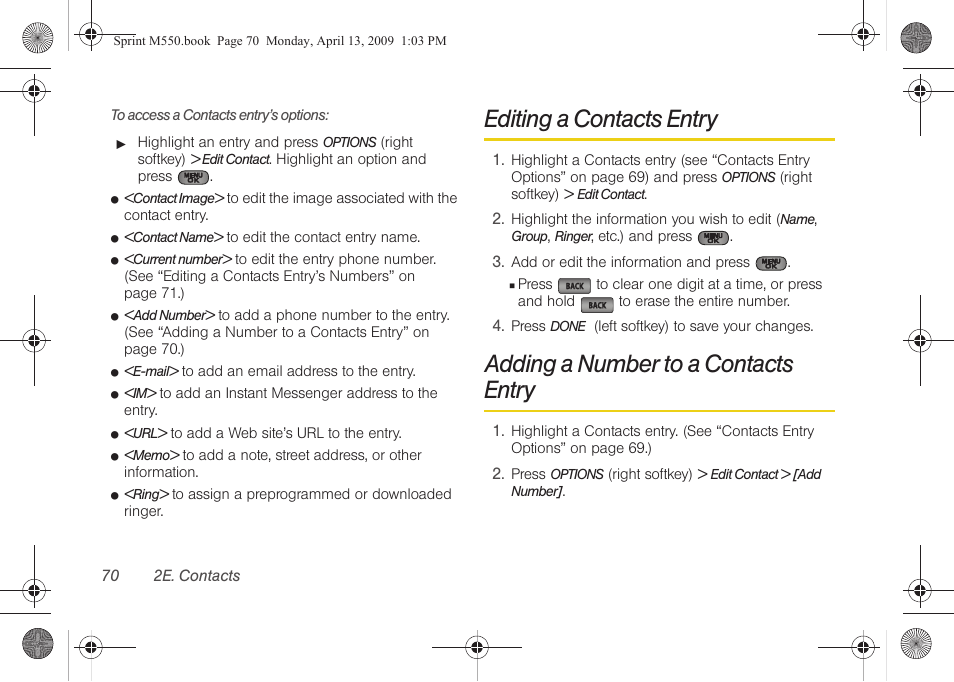 Editing a contacts entry, Adding a number to a contacts entry | Samsung SPH-M550ZKASPR User Manual | Page 84 / 224