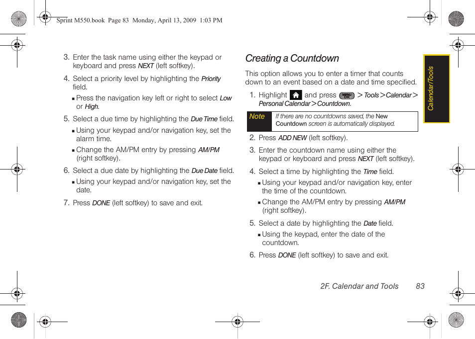 Creating a countdown | Samsung SPH-M550ZKASPR User Manual | Page 97 / 224