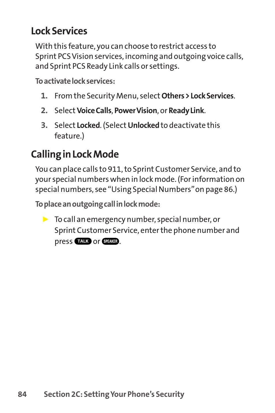 Lock services, Calling in lock mode | Sprint Nextel SCP-8400 User Manual | Page 100 / 282